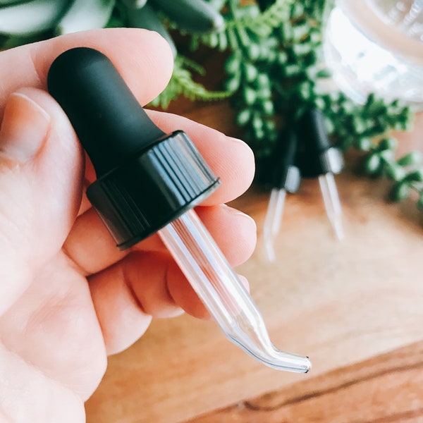 5ml SMALL Dropper Top | Black Cap Bulb | Curved-tip Pipette Glass | Assemblies for 5ml Vials | Oils | Blends | Tinctures | Essential Oils