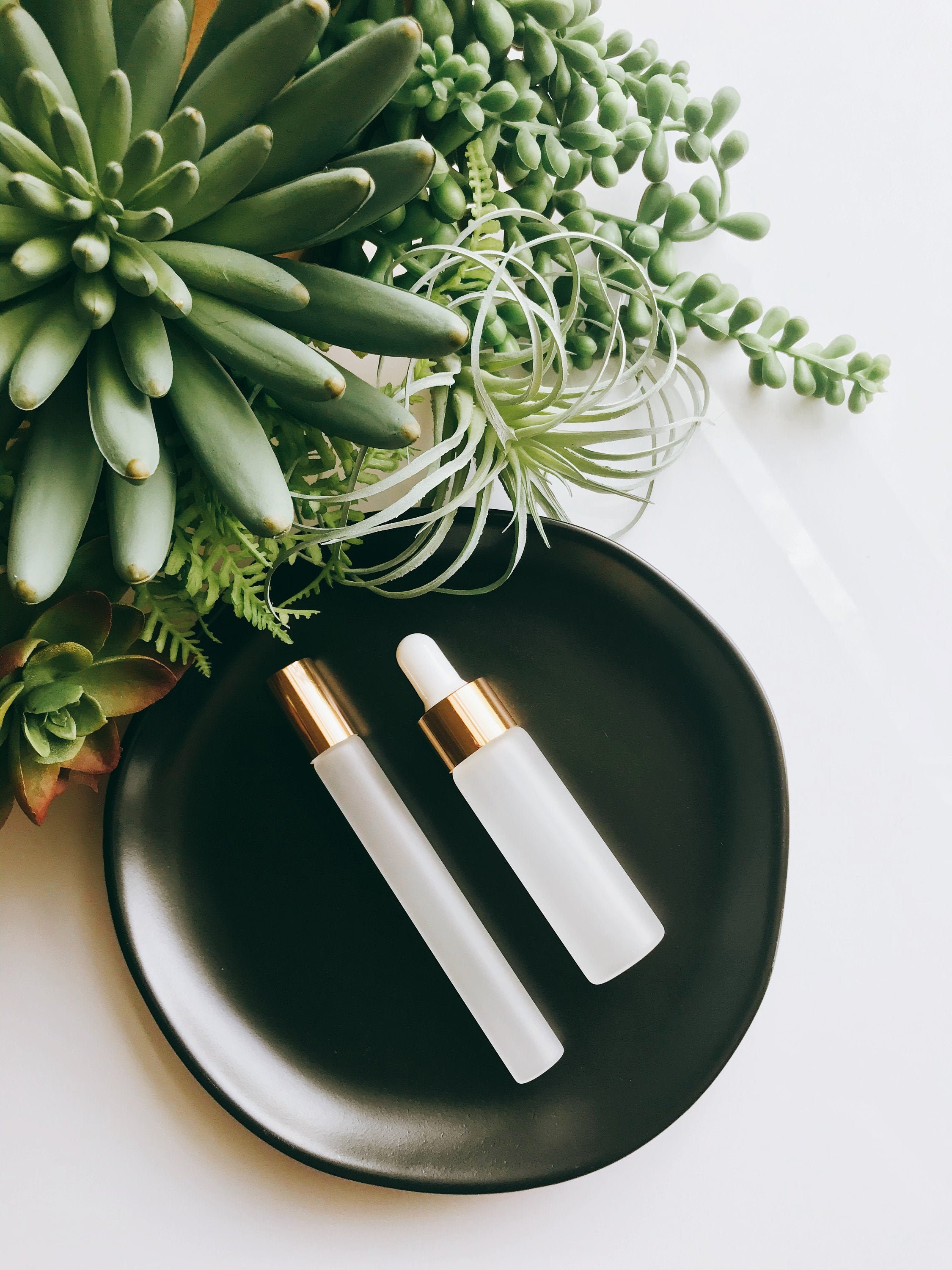 SET of 2 FROSTED 15ml Dropper + 10ml Slim Roll-On Stainless Steel Roller Ball Clear Glass Bottles Shiny Gold Caps Essential Oils