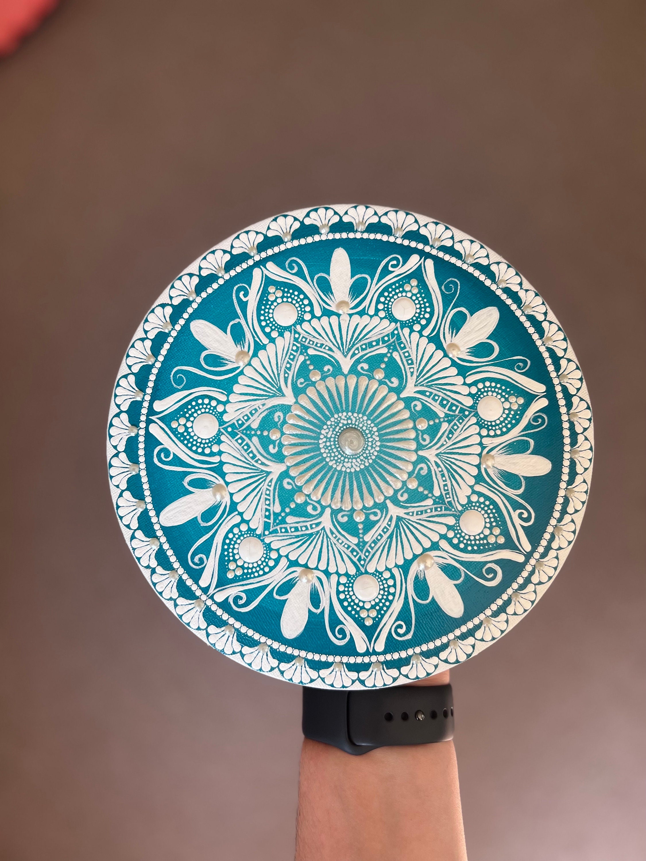 Teal and White Canvas Board Mandala Art Wall Hanging Attached Etsy