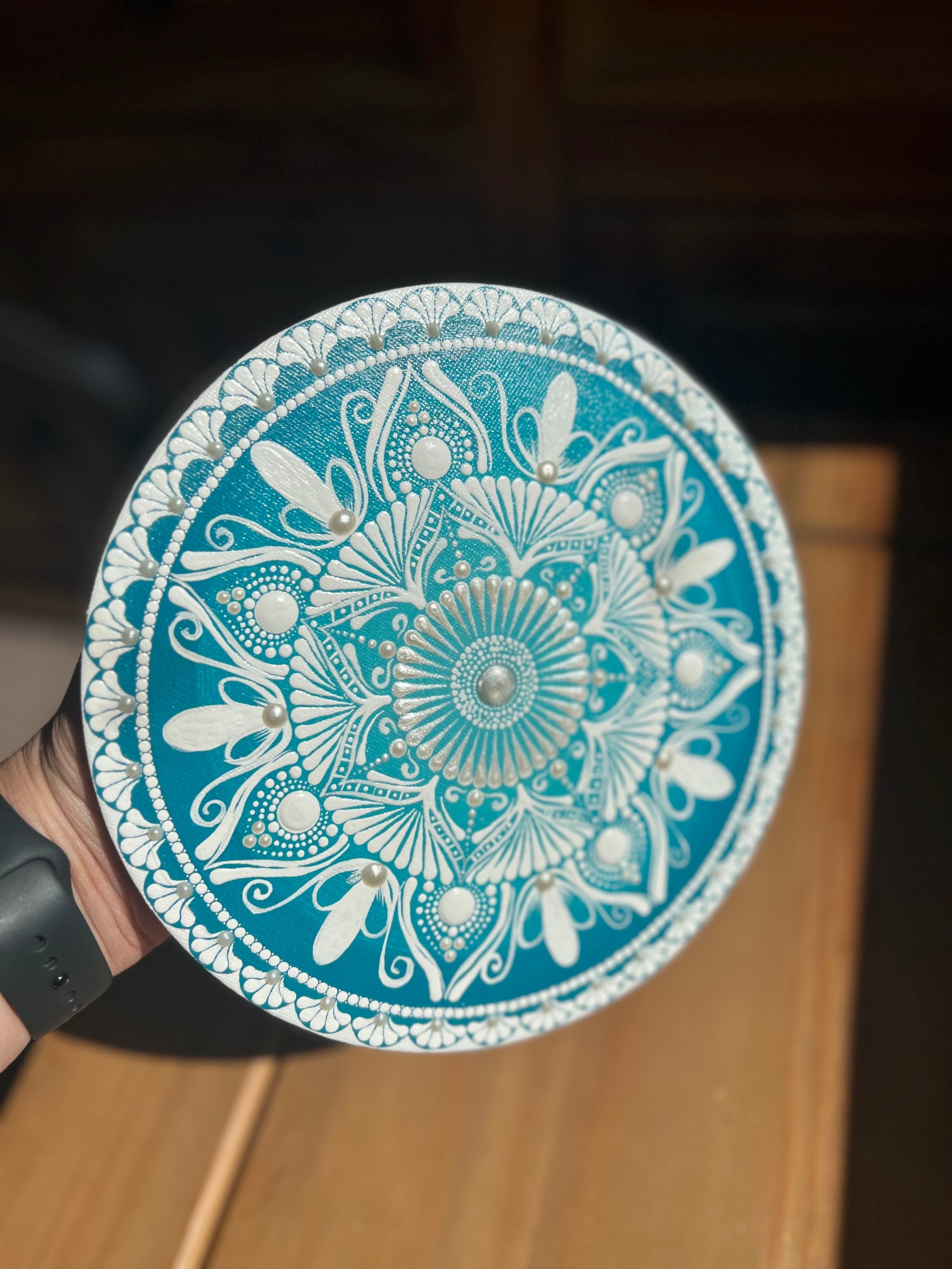 Teal and White Canvas Board Mandala Art Wall Hanging Attached Etsy