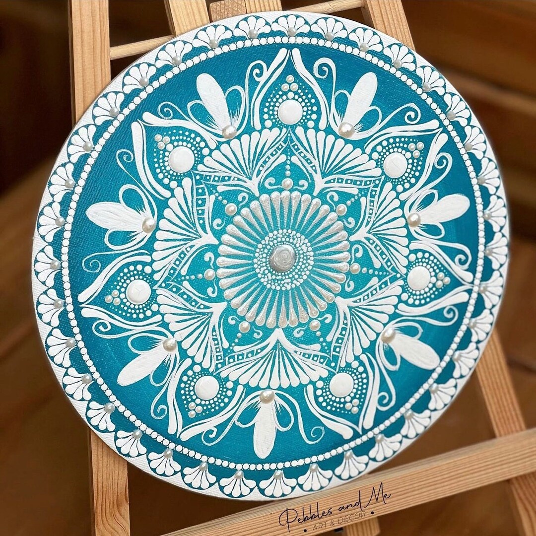Teal and White Canvas Board Mandala Art Wall Hanging Attached Wall Home Decor Hand Painted Dot