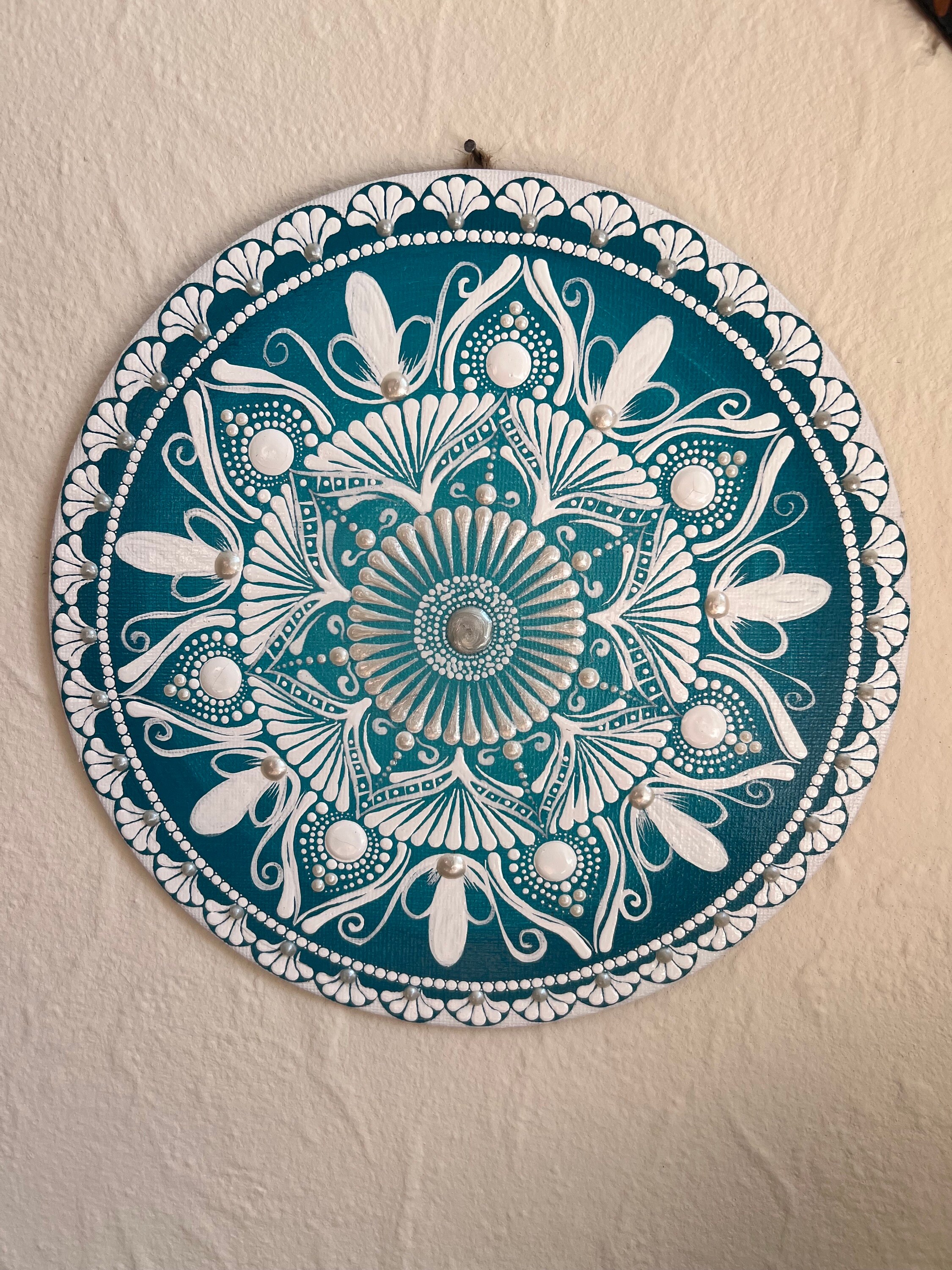 Teal and White Canvas Board Mandala Art Wall Hanging Attached Etsy