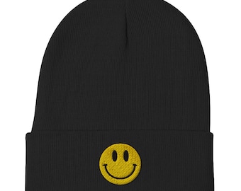 Smiley Face Embroidered Beanie, Happy Face Beanie, Retro Smiley Face