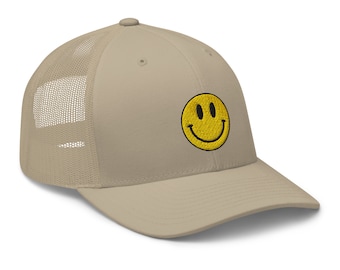 Tan Smiley Face Embroidered Trucker Cap, Happy Face Gifts, Beige Aesthetic, Retro Style Hat