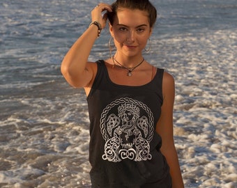 Freya & Cats Viking Tank Top | Norse Racerback Tank | Nordic Goddess | Viking Shirt | Witchy Design | Gothic | Viking Apparel