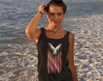 USA Raven Gothic Tank Top | American Racerback | Patriotic Tanks | Gothic Graphic | USA Witchy Top | American Flag | Patriotic USA Tops