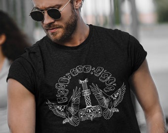 Ravens Mjolnir Viking Shirt | Odin's Ravens | Hugin & Munin | Norse Tees | Nordic Design | Thor's Hammer | Gothic T Shirt | Viking Apparel