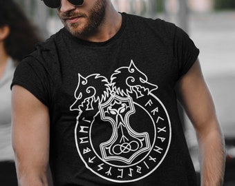 Mjolnir Viking Shirt | Odin's Wolves | Geri & Freki | Norse Tees | Nordic Design | Thor's Hammer | Gothic T Shirt | Viking Apparel