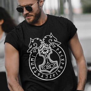 Mjolnir Viking Shirt | Odin&#39;s Wolves | Geri & Freki | Norse Tees | Nordic Design | Thor&#39;s Hammer | Gothic T Shirt | Viking Apparel
