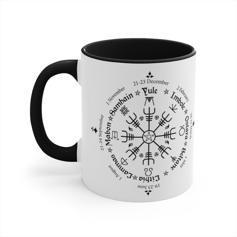 Celtic Calendar Witchy Coffee Mug | Viking 11oz Coffee Cup | Witch Photo Mug | Helm Of Awe | Pagan Coffee Mug | Norse Ceramic Cup Black