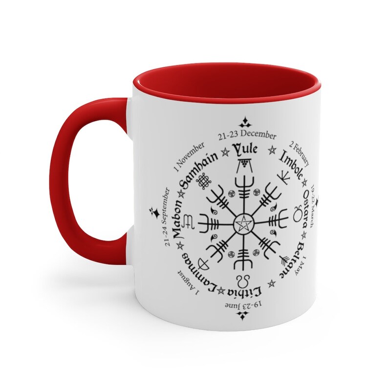 Celtic Calendar Witchy Coffee Mug | Viking 11oz Coffee Cup | Witch Photo Mug | Helm Of Awe | Pagan Coffee Mug | Norse Ceramic Cup Red