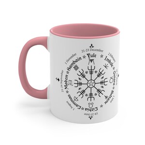 Celtic Calendar Witchy Coffee Mug | Viking 11oz Coffee Cup | Witch Photo Mug | Helm Of Awe | Pagan Coffee Mug | Norse Ceramic Cup Pink