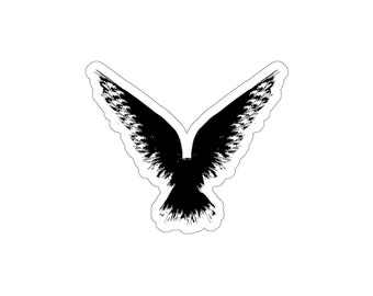May include: Black and white silhouette of a bird with its wings spread out in flight.