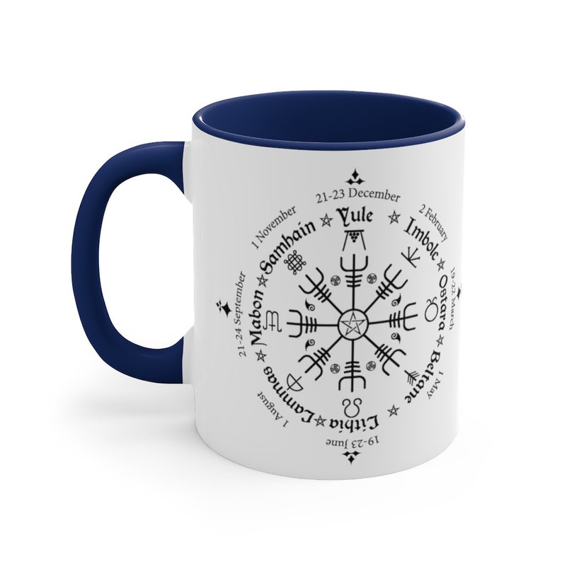Celtic Calendar Witchy Coffee Mug | Viking 11oz Coffee Cup | Witch Photo Mug | Helm Of Awe | Pagan Coffee Mug | Norse Ceramic Cup Navy
