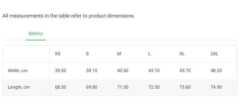 K&ouml;nnte beinhalten: Gr&ouml;&szlig;entabelle mit den Ma&szlig;en f&uuml;r Breite und L&auml;nge in Zentimetern f&uuml;r verschiedene Kleidungsgr&ouml;&szlig;en von XS bis 2XL.