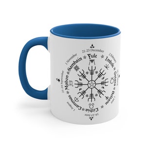 Celtic Calendar Witchy Coffee Mug | Viking 11oz Coffee Cup | Witch Photo Mug | Helm Of Awe | Pagan Coffee Mug | Norse Ceramic Cup Blue