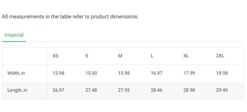 K&ouml;nnte beinhalten: Gr&ouml;&szlig;entabelle mit den Ma&szlig;en f&uuml;r Breite und L&auml;nge in Zoll f&uuml;r ein Kleidungsst&uuml;ck in den Gr&ouml;&szlig;en XS, S, M, L, XL und 2XL.