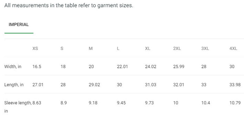 May include: Size chart for clothing in inches. The chart shows measurements for width, length, and sleeve length for sizes XS through 4XL.