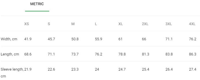 May include: Size chart showing measurements in centimeters for a garment in sizes XS through 4XL. Measurements include width, length, and sleeve length.