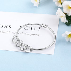 Sterling Silver Personalized Custom Name Bracelet Bangle with 2-6 Heart Charms, Dainty Minimalist Jewelry