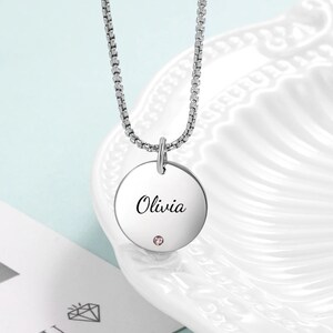 Stainless Steel Personalized Name Necklace with Cubic Zirconia Birthstone Jewelry, Custom Engraving Necklace, Gift Idea
