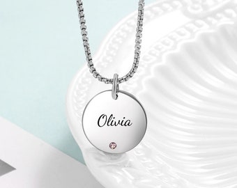 Stainless Steel Personalized Name Necklace with Cubic Zirconia Birthstone Jewelry, Custom Engraving Necklace, Gift Idea