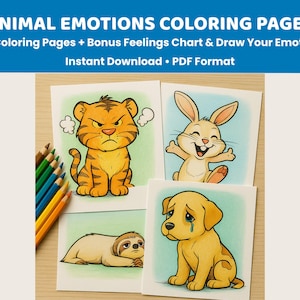 Animal Emotions Coloring Pages for Kids – 12 Printable PDF Sheets | Feelings Chart + Draw Your Emotion | Instant Download
