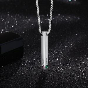 Stainless Steel Personalized Vertical Bar Necklace with Birthstone Jewelry Necklace, Custom Engraving Necklace, Up to 4 sides engraved