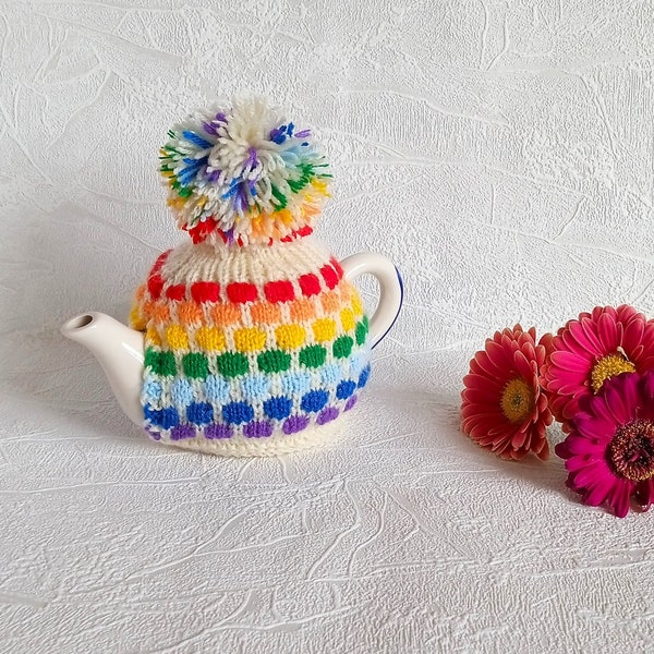 Rainbow knitted small tea cosy, tea party table decor