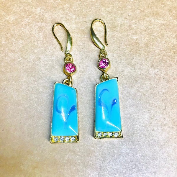 Gold Plated Blue Resin/ Pink Rhinestone 90’s Dangle Fashion