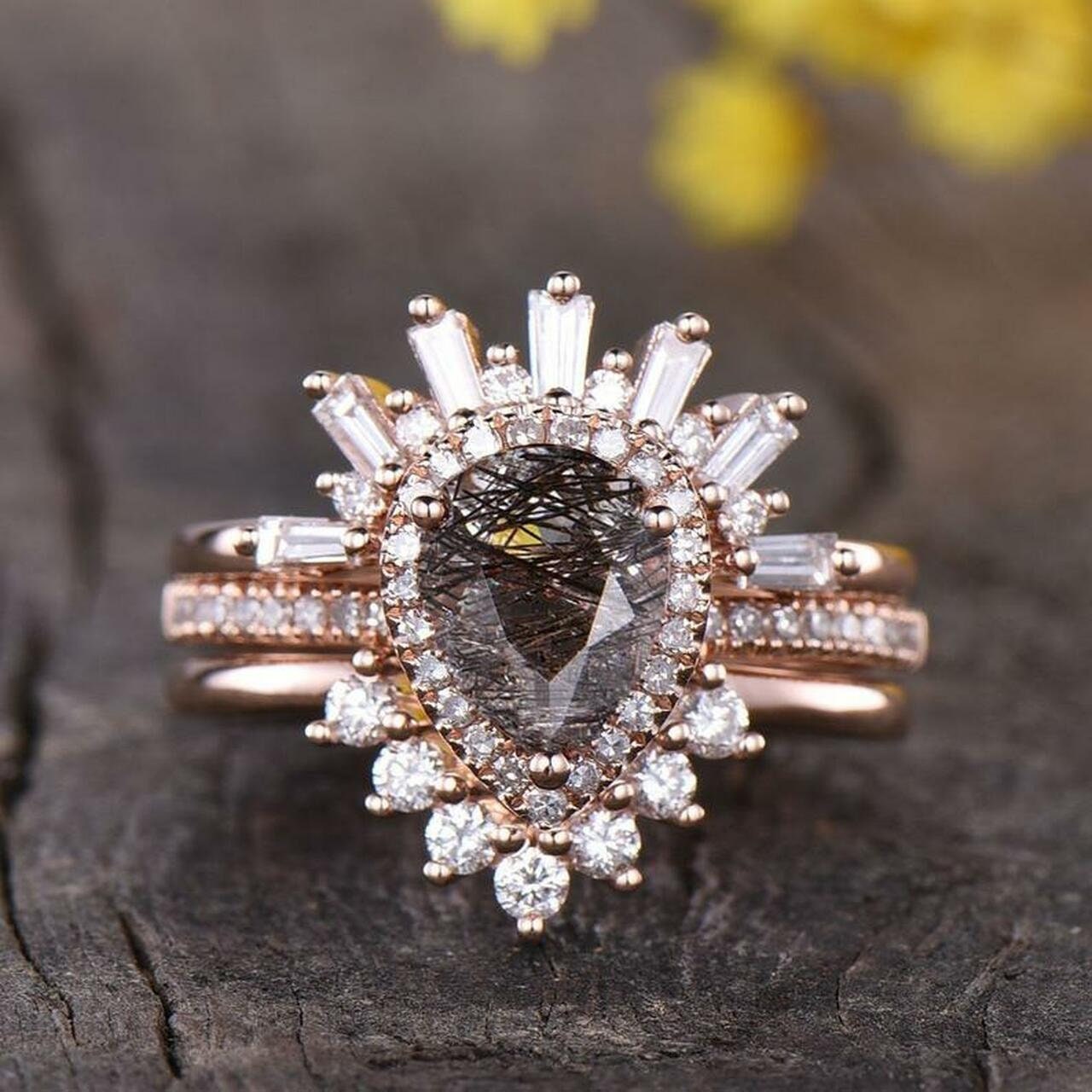 Black Rutile Quartz Ring Engagement Ring Wedding Band Black Etsy