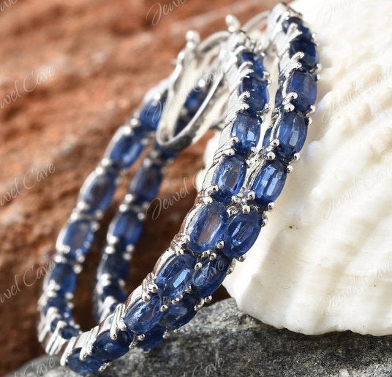 Hoops Earring,Huggies Earrings,Dangle Earring Blue Kyanite Sterling Silver Hoop Earring Gift For Her Gift For Mom Wife Sister