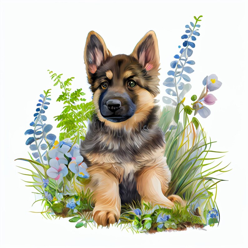 German Shepherd Puppy Watercolor Clipart Bundle, Shepherd Puppy