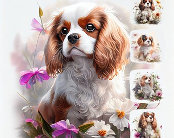 Cavalier King Charles Spaniel Puppy Watercolor Clipart, Dog Illustration (18 JPG Files)