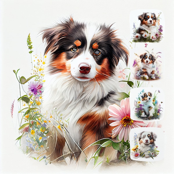 Australian Shepherd Puppy Digital Watercolor Clipart, Australian Shepherd Breed Printable Wall Art, Design Resource, Digital Paper Pack