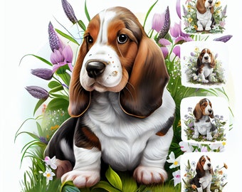 Basset Hound Puppy Digital Watercolor Clipart, Basset Hound Breed Printable Wall Art, Design Resource, Digital Paper Pack