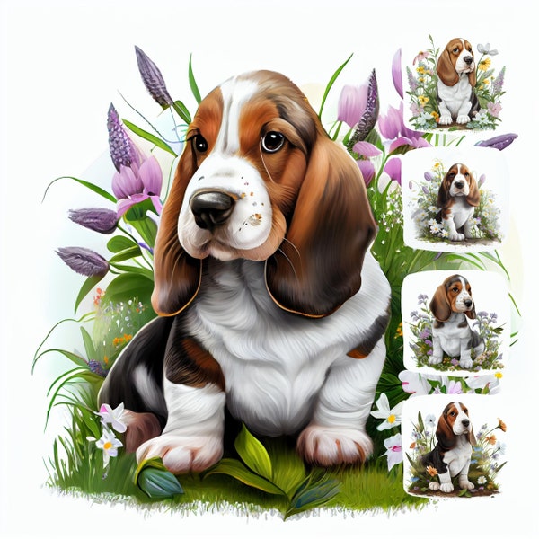 Basset Hound Puppy Digital Watercolor Clipart, Basset Hound Breed Printable Wall Art, Design Resource, Digital Paper Pack