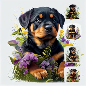 Rottweiler Puppy Digital Watercolor Clipart Bundle – 15 High-Res JPGs (300 DPI)