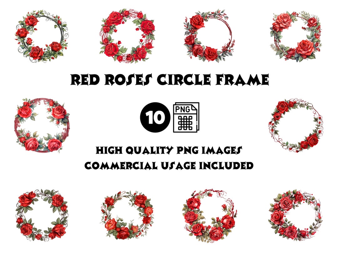 Red Roses Circle Frame Clipart Bundle PNG - Etsy