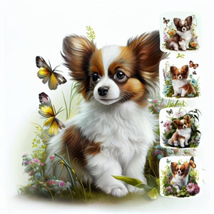 Imágenes Prediseñadas de acuarela Digital cachorro Papillon, arte de pared imprimible de raza Papillon, recurso de diseño, paquete de papel Digital