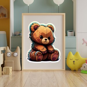 Anime-Style Teddy Bear Art Print – Colorful Kids Room Wall Decor, Instant Download