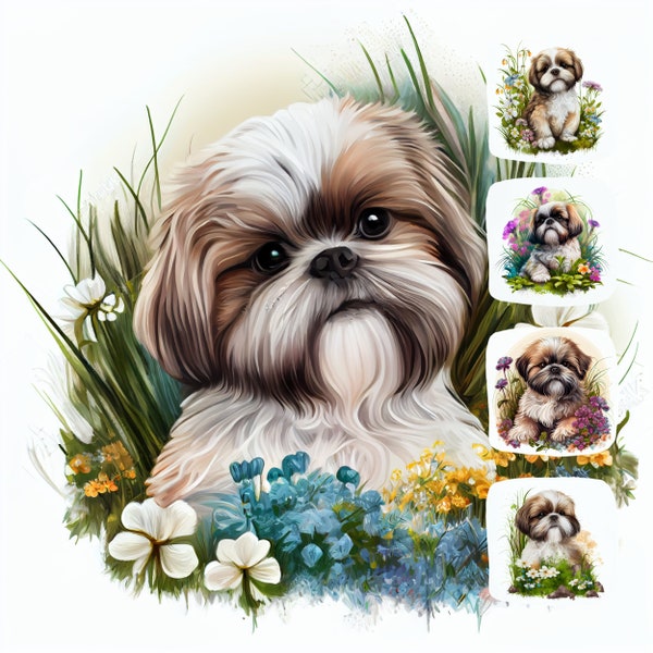 Shih Tzu Puppy Digital Painting Clipart, Shih Tzu Printable Wall Art, Design Resource, Digital Paper Pack