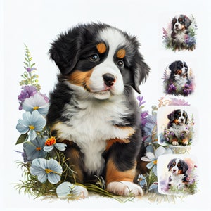 Bernese Mountain Puppy Digital Watercolor Clipart, Bernese Mountain Printable Wall Art, Design Resource, Digital Paper Pack