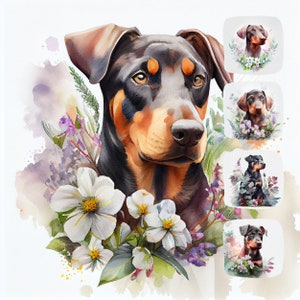 Hand-painted watercolor illustration of a Doberman Pinscher puppy on white background