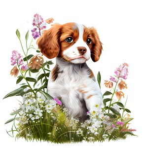 Sweet Brittany puppy in digital watercolors