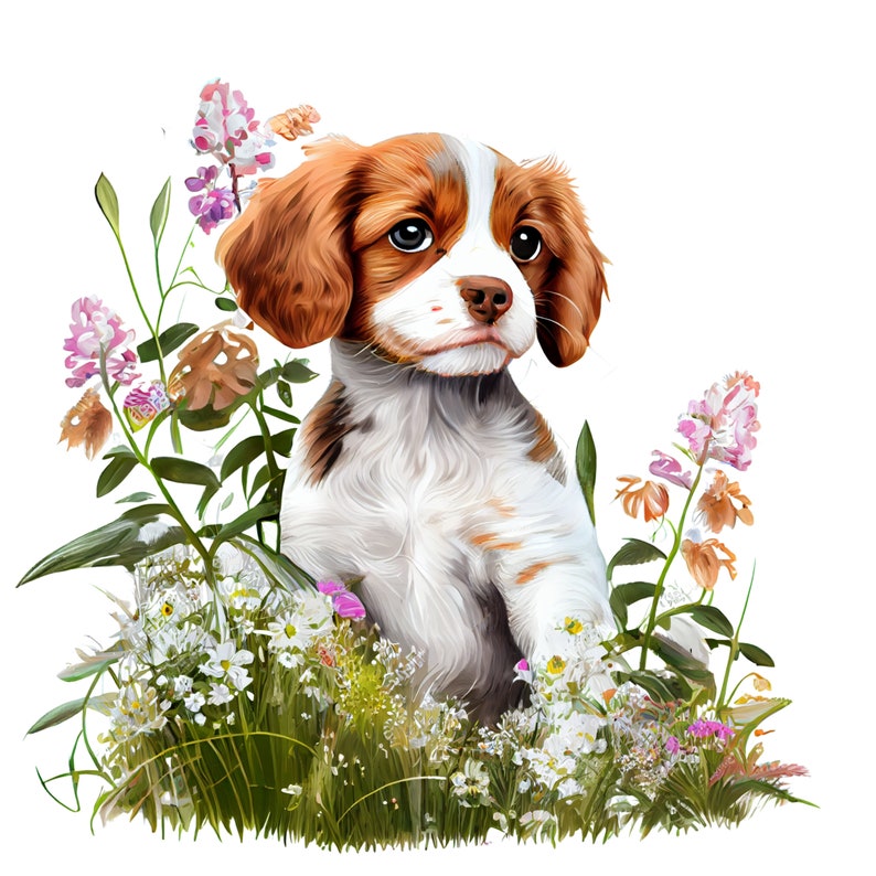 Sweet Brittany puppy in digital watercolors