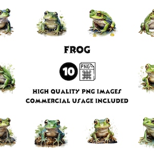 Frog Clipart PNG: Whimsical Amphibian Illustrations (Digital Download, 10 Files, Commercial Use License )