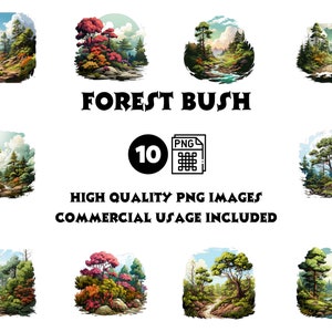 Buisson forestier des cliparts en téléchargement numérique, Graphiques de la nature, feuillage vert PNG pour Woodland and Botanical Designs