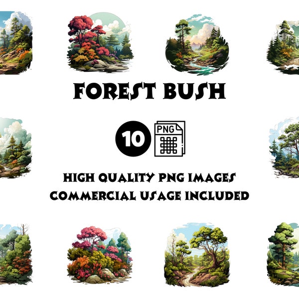 Forest Bush Clipart, Handmade Nature Graphics, Green Foliage Digital Clip, Playful Woodland Cartoon, Vibrant Leafy Illustration