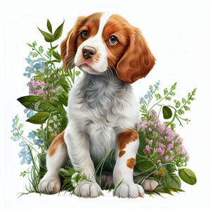 Artistic rendering of a Brittany puppy in digital watercolors